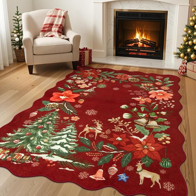 Lahome Floral Christmas Rugs for Living Room, 5x7 Christmas Area Rug for Bedroom Large Washable Carpet, Soft Stain Resistance Xmas Tree Carpets for Under Table Dining Room, Red