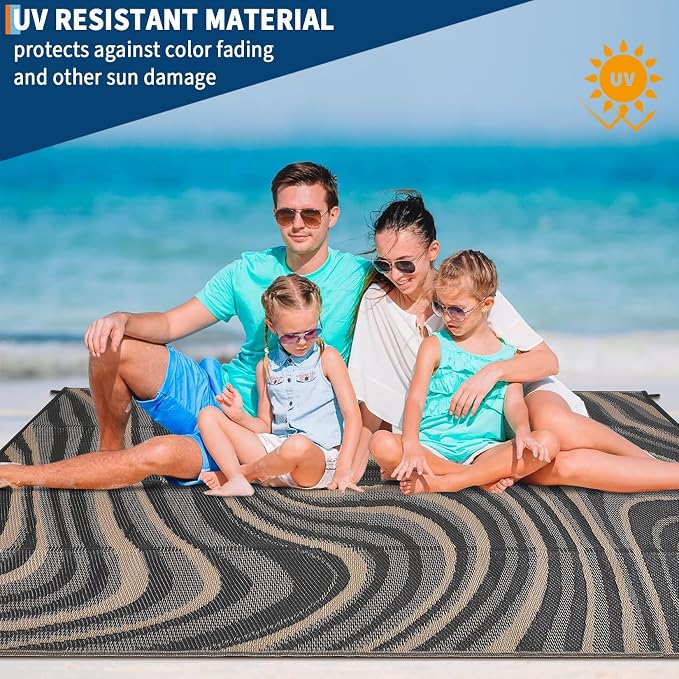 Garvee 8x10 Outdoor Rug, Waterproof Camping Rugs for Outside Your RV, Abstract Plastic Straw Rug with Portable Bag, Reversible UV Resistant Mats for Picnic Backyard Porch Camper, Black Coffee
