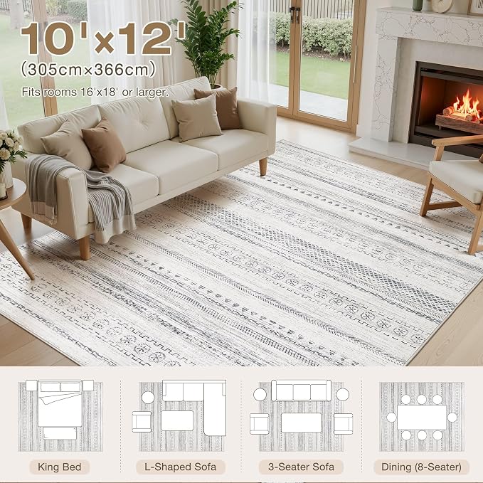kakania Washable 10x12 Area Rug for Living Room: Boho Geometry Home Decor | Soft Stain Resistant, Low-Pile, Non-Slip, Pet & Kid Friendly, Thin Rug for Bedroom/Dining Room/Kids Dorm - Grey