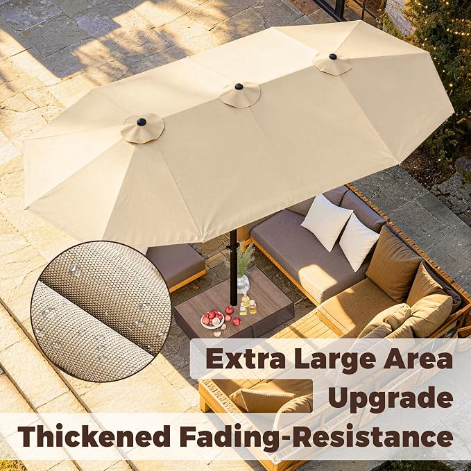 GDPFN 15FT Large Patio Umbrella, Outdoor Deck Standing Umbrella with Crank Handle, Double-Side Rectangular Pool Umbrella for Outside, Market, Patio, Beige (Base Not Include)
