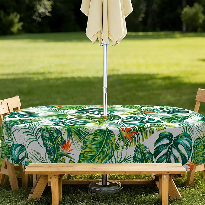 Green Leaves Outdoor Oval Tablecloth with Umbrella Hole 60" x 84" Waterproof Zipper Table Cloth for Patio Table - Ideal Tablecloths for Picnics, Camping, and Yard Use