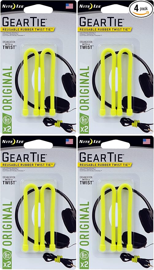 Nite Ize 2-Pack Gear Tie Reusable Rubber Twist Tie, 6" - Neon Yellow (4-Pack)