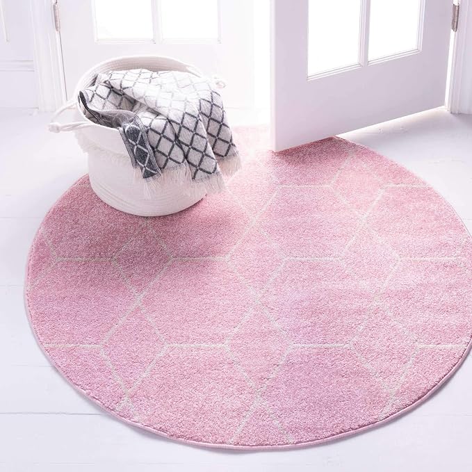 Unique Loom Trellis Frieze Collection Area Rug - Geometric (6' Round, Light Pink/ Ivory)