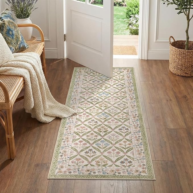 jinchan Runner Rug 2x5 Vintage Floral Washable Hallway Area Rug, Sage Green | Soft & Lightweight, Checkered Floral, Low Pile, Non Slip, Entryway, Kitchen, Bedside, Laundry Room, Cottage Decor