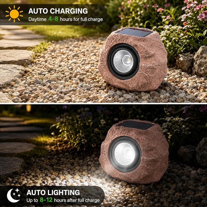 VISFLAIR Solar Rock Lights, 4 Pack Solar Powered Waterproof LED Spotlights Decorative for Outdoor Garden, Pathway, Walkway, Yard, Landscape, Patio (Cool White)
