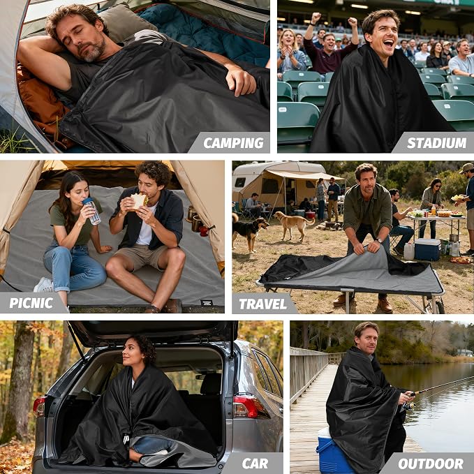 Large Waterproof Outdoor Picnic Blanket 80"x 58" | Windproof Lightweight Stadium Blanket, Packable, Stay Dry and Comfortable for Camping, Sports, Travel - Black