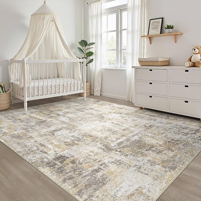 LOONGRUG 6x9 Area Rug Washable Neutral Modern Rug for Living Room Gray Gold | Abstract Soft Stain Resistant Indoor Non-Slip Carpet for Bedroom Nursery Kids Office Playroom Dining Room