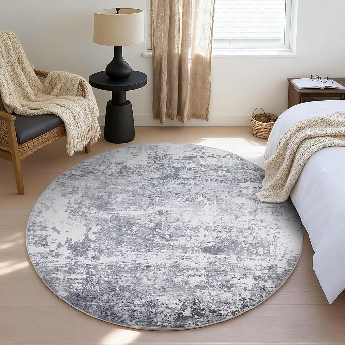 ROYHOME Modern Abstract 8x8 Round Area Rug Non Slip, Light Grey | Non Shedding Rug Low Pile Stain Resistant for Bedroom Living Room office Dining Room