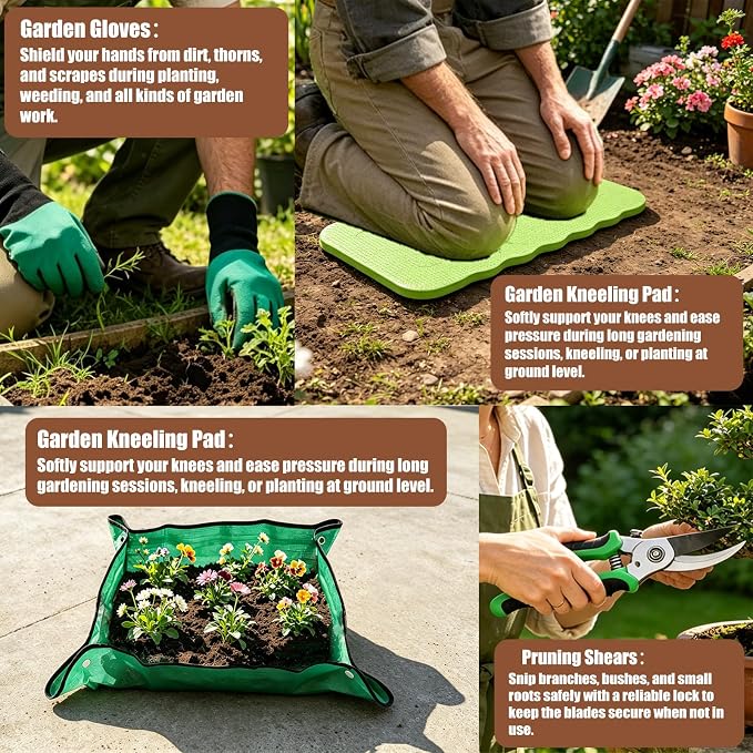 13-Piece Gardening Tool Set with Stylish Portable Storage Bag and Apron, Heavy-Duty Tools for Women's Everyday Gardening Use, Green