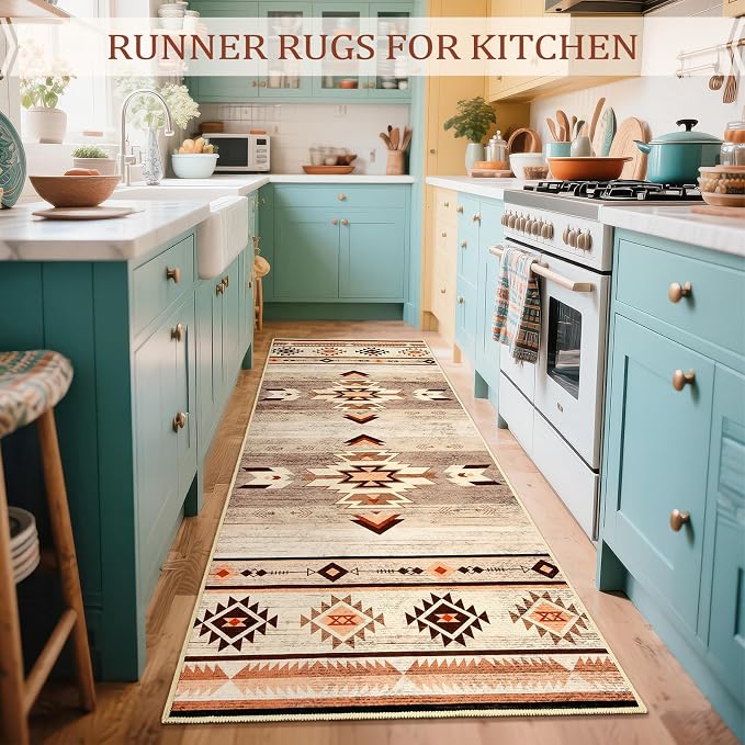 BENRON Western Hallway Runner Rug 2x6, Long Runners for Kitchen, Warm Beige | Southwest aztec Rug, Accent and Tribal Throw Rugs for Bedroom, Washable