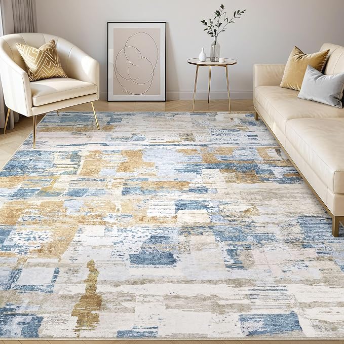kakania Abstract 10x14 Area Rugs for Living Room: Washable Rugs Blue | Soft, Non-Slip, Low-Pile, Pet & Kid Friendly - Large Modern Home Decor Carpet for Bedroom/Dining Room/Office/Nursery