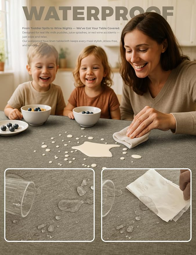 Decorelia Table Cloth for Rectangle Dining Table, Faux Linen Waterproof Texture Farmhouse Washable Rectangular Tablecloth Cover for Birthday, Party, Picnics, Wedding Decor(Natural, 52 x70 Inch)