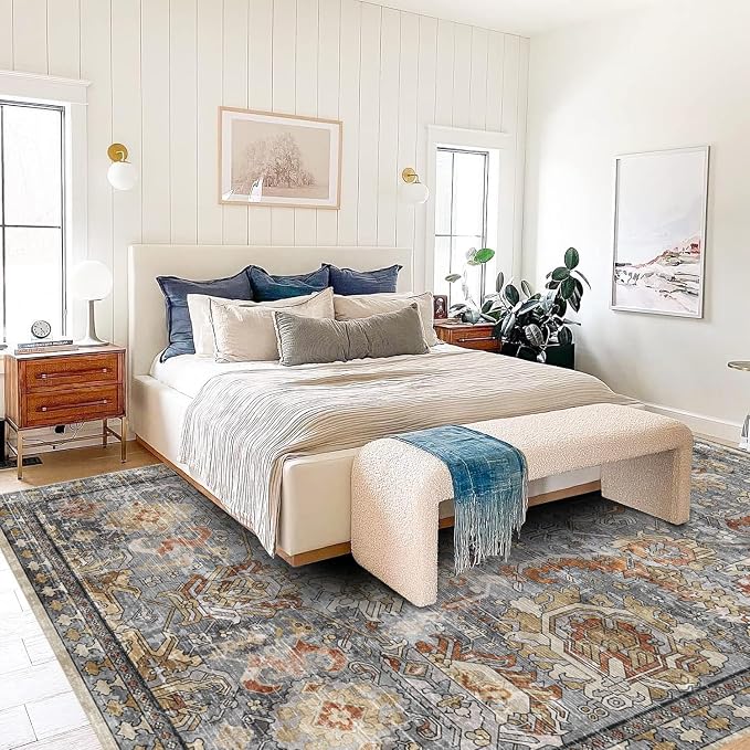 Washable Area Rugs - Perfect for Living Room, Bedroom, Kids Room, Nursery - Stain & Water Resistant Non-Slip, Pet & Child Friendly, Vintage Tribal Area Rugs (Turmeric and Grey, 9' x 12')
