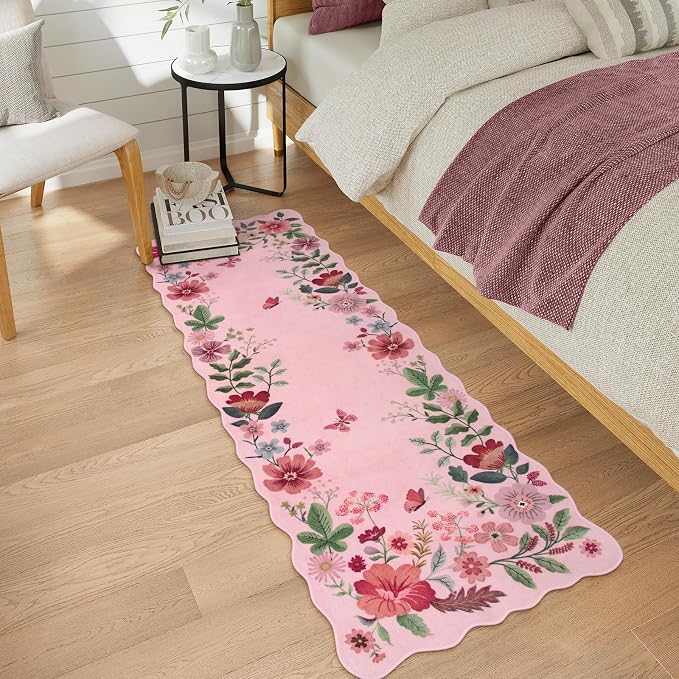 Lahome Floral Kitchen Runner, 2X6 Washable Runner Rug Non-Slip | Ultra-Thin Soft Hallway Rug Stain Resistant Boho Carpet for Bedroom Laundry Bathroom Flore, Pink