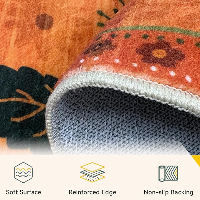 RELEANY Floral Washable 9x12 Area Rugs BurntOrange | Flower Carpet, Print, Boho, Non-Slip, Easy to Clean, Soft, Low Pile for Living Room Bedroom Kitchen Office Entryway Hallway