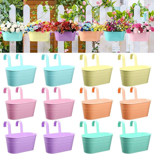 12 Pack Hanging Flower Pot Colorful Metal Iron Bucket Fence Hanging Planters with Detachable Hook Bucket Flower Holder for Railing Balcony Garden Yard Spring Decor (10.6X 5.5 x 4.7 in,Round)