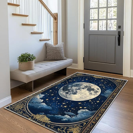 Boho Area Rug for Living Room Vintage Full Moon 3x5 Entryway Rug Modern Celestial Stars Rugs Non Slip Low Pile Machine Washable Blue Golden Floor Carpet for Indoor Bedroom Dining Room Kitchen