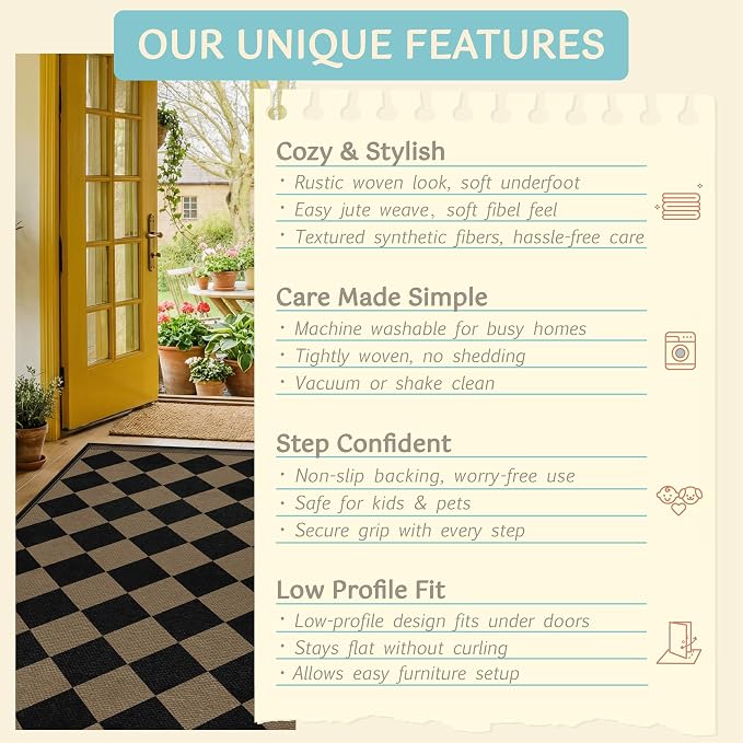 Boho Checkered Easy Jute Indoor Outdoor Rugs for Dining Room Living Room Patio 5x7, Non Skid Washable Checkered Outdoor Rug, Farmhouse Geometric Carpet for Bedroom, Backyard, Brown Diamond Décor