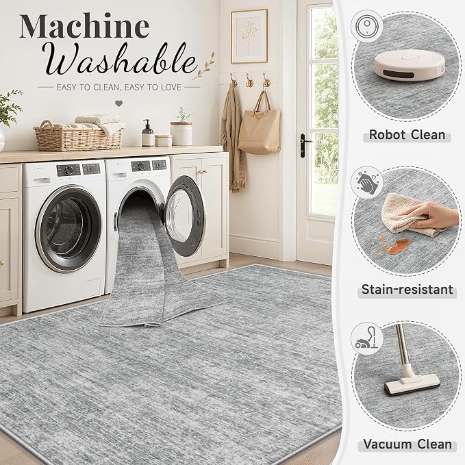 6x9 Area Rugs Living Room Rug: Washable Modern Abstract Rugs Neutral Non Slip Rug Soft Low Pile Indoor Bedroom Carpet for Nursery Office Dining Room Kids Room (Grey, 6'x9')