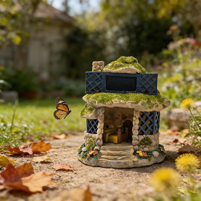 COWOS 2-Tier Fairy Garden Stone Cottage, Resin Moss House with Lattice Windows, Outdoor Patio Yard Decor, Landscape Ornament for DIY Fairy Garden & Bonsai
