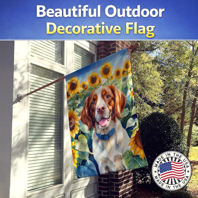 Caroline's Treasures DAC6040CHF Brittany Spaniel in Sunflowers House Flag Large Porch Sleeve Pole Decorative Outside Yard Banner Artwork Wall Hanging, Polyester, House Size, Multicolor