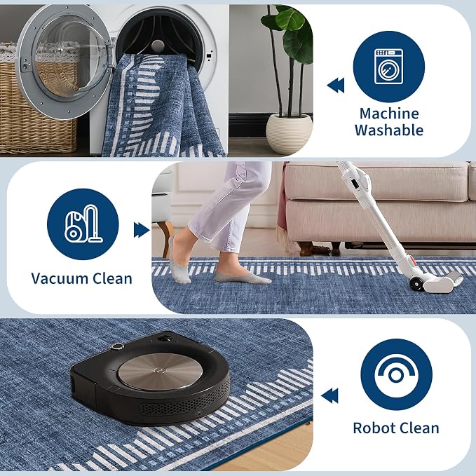 Garvee Large Bedroom 5x7 Washable Area Rugs Non Slip Blue Scalloped Rugs | Neutral Solid Color Low Pile Stain Resistant Living Room Dining Room Throw Carpet Modern Geometric Nursery Office Carpet