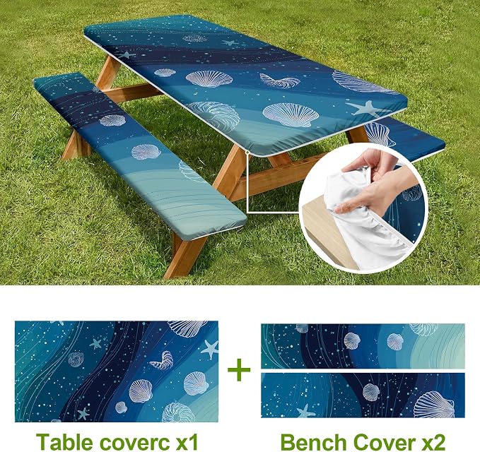 Picnic Table Cover with Bench Covers Set of 3 - Coastal Shells Ocean Beach Starfish Pattern, Elastic Fitted Tablecloth for 6 Ft Tables, Washable Polyester Cover for Patio, Indoor & Outdoor
