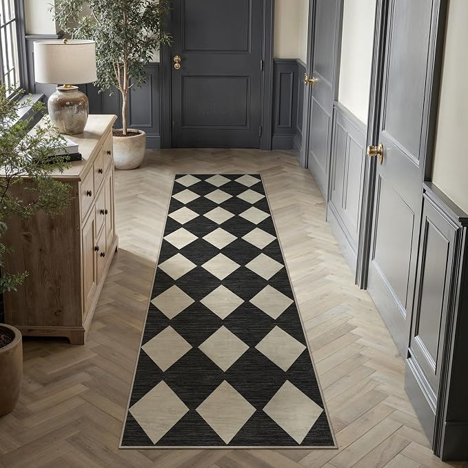 Black 2x8 Washable Runner Rug Kitchen Non Slip Checkered Carpet | Soft, Low Pile, Easy Clean, Diamond Pattern for Hallway, Entryway, Laundry Room, Bathroom, Modern Indoor Decor