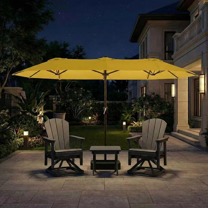 15FT Large Patio Umbrella with Base Included, Double Sided Outdoor Market Umbrella with Flexible Fiberglass Ribs, UV-Blocking Extra Large Umbrella for Garden, Pool, Deck, Sunshine Yellow