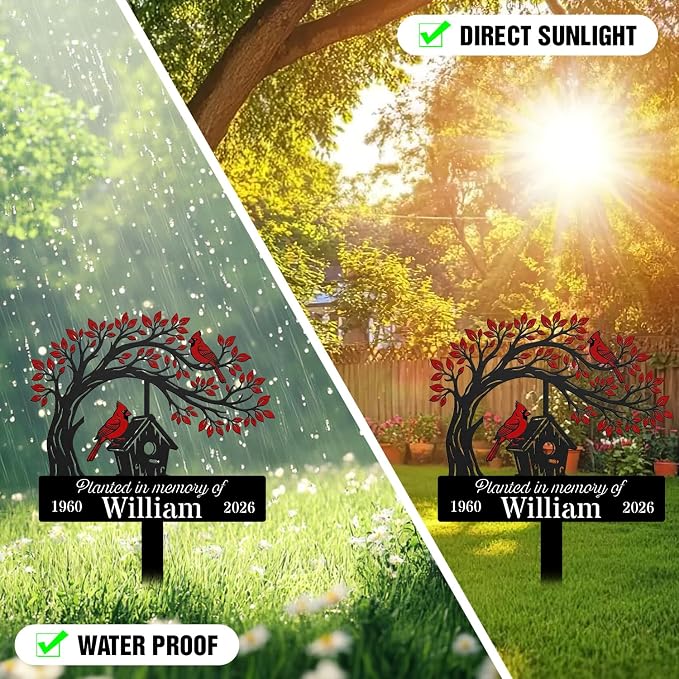 Personalized Cardinal Garden Sign with Stakes, Custom Outdoor Yard Decor, Memorial Gift for Mom, Garden Plaque Gifts for Memorial, Remembrance loss loved Ones, Grave Marker 22
