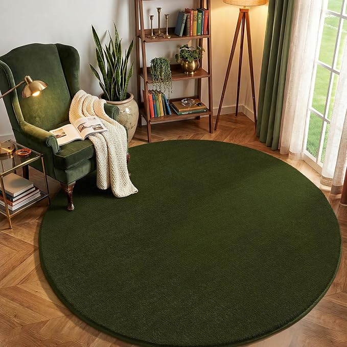 Amearea Olive Green Round Area Rugs 4ft Circle Rugs for Bedroom Living Room | Washable Fluffy Indoor Thickened Memory Foam Rug, Non Slip Minimalist Circular Carpet for Kids Boy Girl Dorm Nursery Room