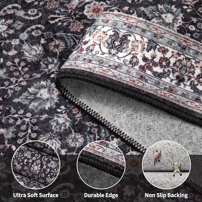 Ciicool Boho Black 2x4 Runner Rug Entrance Small Rug Vintage Floral Soft Non-Slip Kitchen Washable Area Rugs for Hallway Foyer Bathroom Laundry Room Bedroom Decoration
