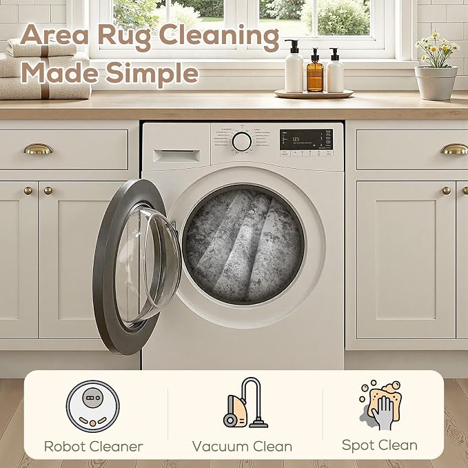 Nakagishi 8X8 Abstract Washable Area Rugs for Living Room-Grey | Modern Non-Slip Silicone Backing Low Pile Soft Carpet for Bedroom Dining Decor Ideal for Families with Kids and Pets