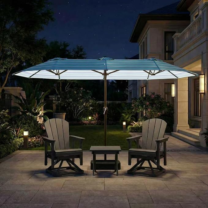 15FT Large Patio Umbrella with Base Included, Double Sided Outdoor Market Umbrella with Flexible Fiberglass Ribs, UV-Blocking Extra Large Umbrella for Garden, Pool, Deck, Green Stripes