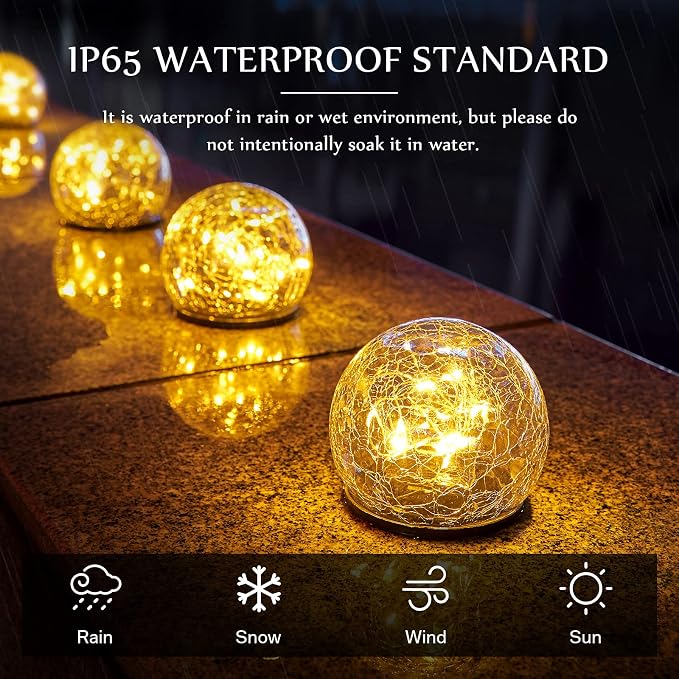 Honoson 4.7 Inch Solar Globe Lights Outdoor - Waterproof Cracked Glass Balls for Lawn Patio Yard Backyard Decorations, Warm Yellow Solar LED Lights with Easy Installation,Durable Design (4 Pcs)