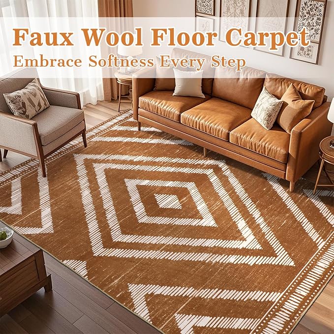 Boho Washable Area Rugs 6x9ft, Moroccan Soft Brown Living Room Nursery Rugs Non Slip, Low Pile Large Bedroom Floor Carpets for Dining Room Bathroom Office Farmhouse