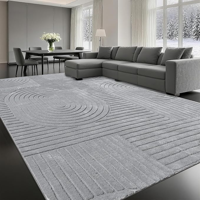 Grey Solid Area Rug 8x10, Large Washable Soft Rugs for Living Room | Soft Fluffy Modern Geometric Boho High-Low Pile Non Slip Carpet for Bedroom, Dining Room, Kids Room, Nursery,Apartment,Office