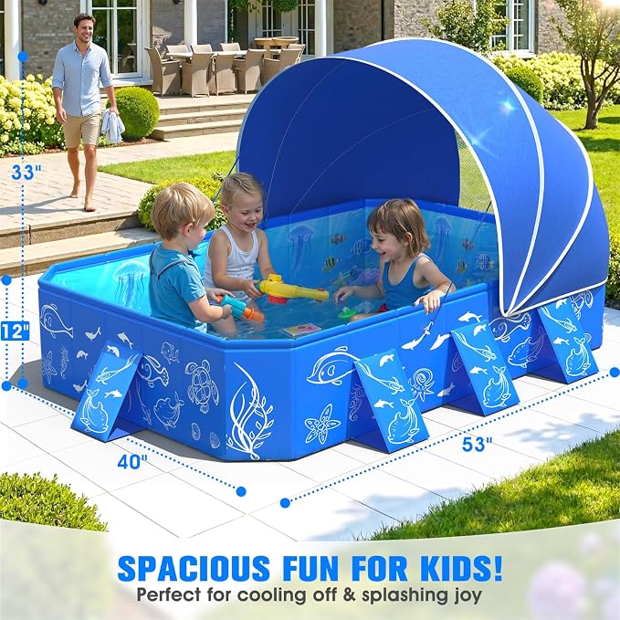 2026 Kiddie Pool with Canopy,Baby Beach Pool for Toddler53×40×33IN | Non-Inflatable Portable Pool for Kids,Foldable Toddler Pool with Shade,Kiddie Pool for Backyard,Pop Up Baby Swimming Pool
