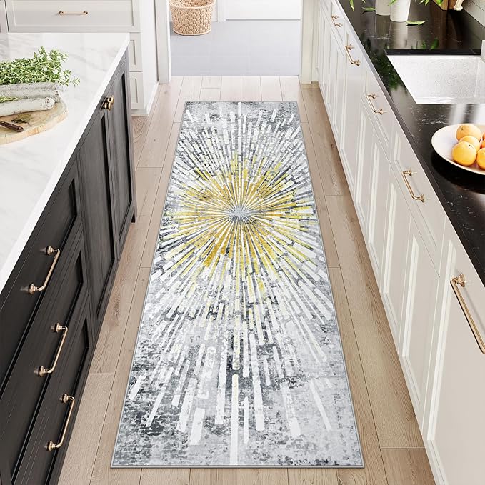 Lahome Manon Kitchen Runner Rug 2.5x8, Modern Non Skid Washable Runners for Hallways, Low Pile Soft Golden Indoor Abstract Carpet Runner for Entryway Bathroom Bedroom
