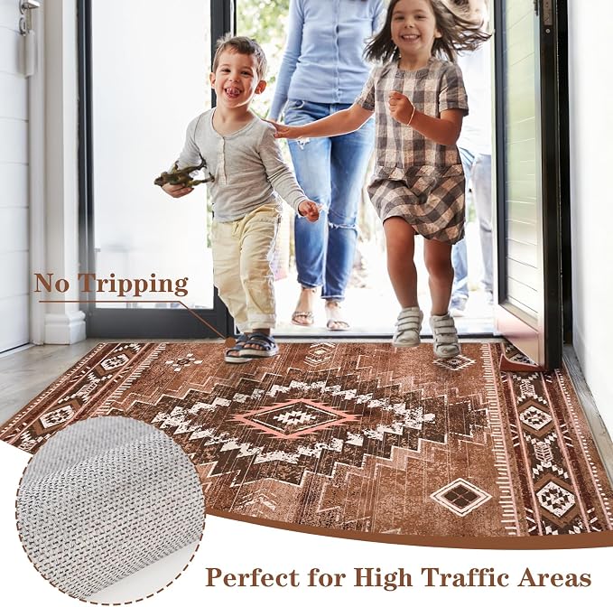 Yinhua Western 3x5 Entryway Rug, Moroccan Washable Rug Low-Pile | Aztec Non-Slip Area Rugs with Rubber Backing, Soft Brown Carpet Stain Resistant for Dining Room Living Room