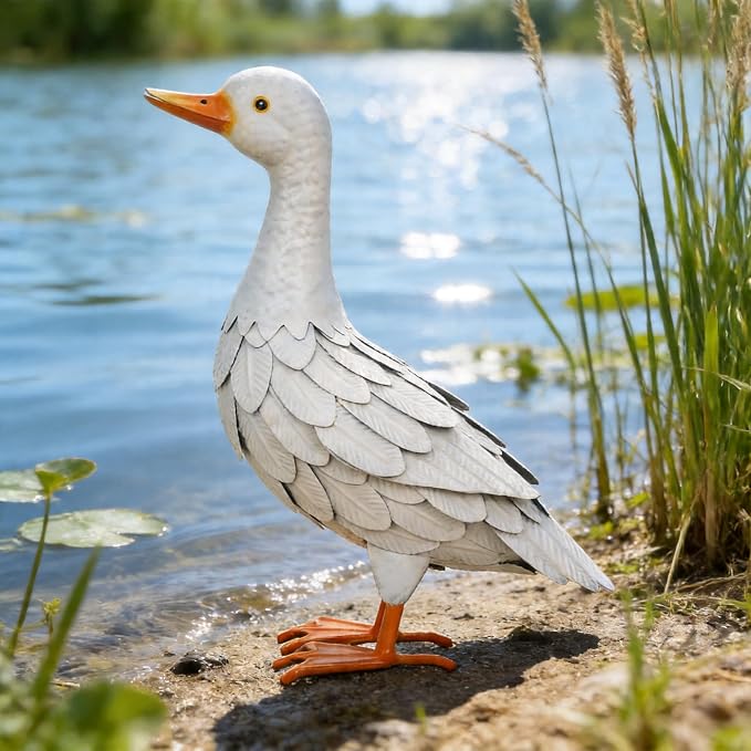 Shorayn Metal Duck Garden Statue, Life-Size Iron Mallard, Handmade White Duck Yard Decor, Indoor Outdoor Ornament, Gift for Housewarming/Mother’s Day/Christmas