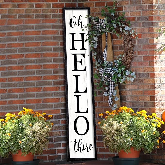 Oh Hello There Outdoor Welcome Sign For Front Porch Standing 45"X9" Large Rustic Farmhouse Vertical Tall Long Wooden Framed Outside Front Door Home Wall Decoration (Black)