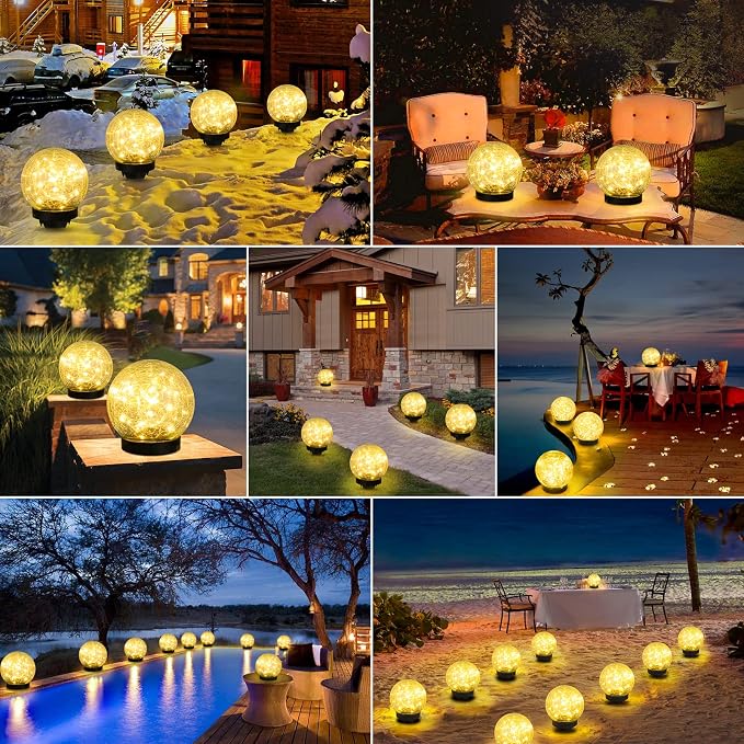 ASOMST 2-Pack Garden Solar Lights Outdoor, Cracked Glass Ball Light Waterproof, Decorative Solar Globe Lights Warm White for Yard Pathway Patio Lawn