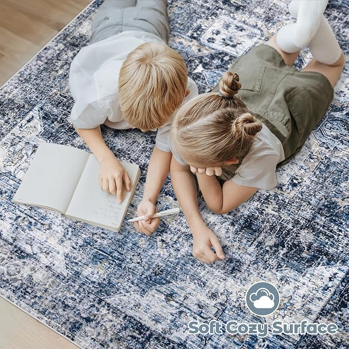 Area Rug 6x9 Washable Rug, Vintage Boho Medallion Rugs Non-Slip Soft Low Pile Large Distressed Rug Indoor Retro Carpet for Living Room Bedroom Dining Room Home Office (Blue, 6'x9')
