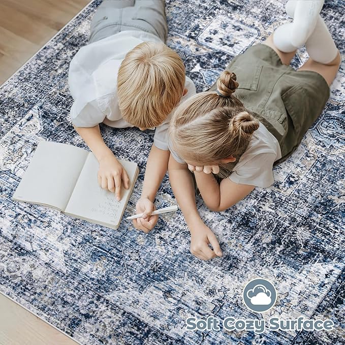 Area Rug 9x12 Washable Rug, Vintage Boho Medallion Rugs Non-Slip Soft Low Pile Large Distressed Rug Indoor Retro Carpet for Living Room Bedroom Dining Room Home Office (Blue, 9'x12')
