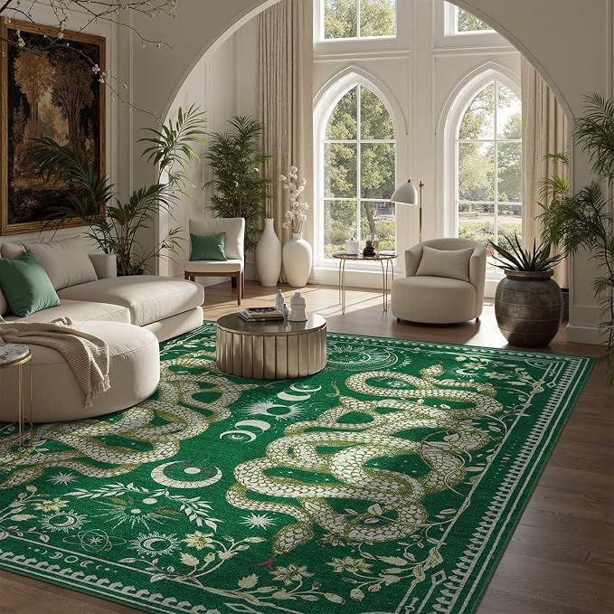 DCX 5x7 Washable Snake Rug for Living Room, Non Slip Low Pile Rug, Green | Rugs for bedroom, dining room, office, soft, gothic rug, sain resistant indoor carpet, home decor