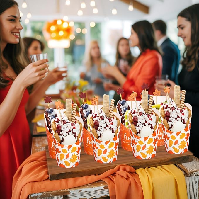 FYSUIMU 50 Pcs 14 Oz Fall Thanksgiving Charcuterie Cups with Sticks Bags Twist Ties Maple Leaves Disposable Appetizer Cup French Fry Holder for Autumn Party Favor Supplies