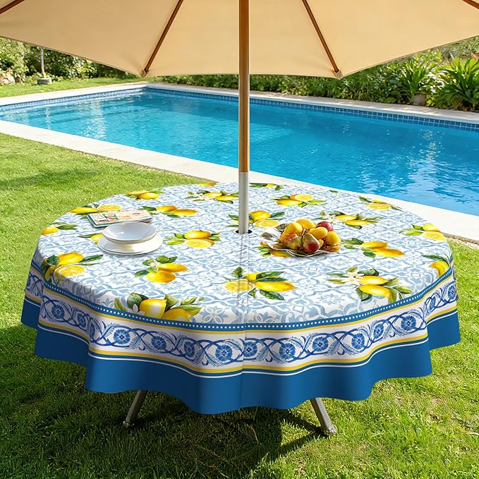 Lemon Outdoor Tablecloth with Umbrella Hole 60" x 60" Waterproof Zipper Table Cloth for Patio Table - Ideal Tablecloths for Picnics, Camping, and Yard Use