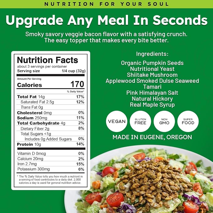 Soul Seeds Veggie Bacon Pumpkin Seeds – Organic Pepitas with Shiitake Mushroom, Nutritional Yeast, Dulse Seaweed, Tamari & Maple, Smoky Sweet Vegan Snack, Crunchy Seed Topping, 3.2 oz