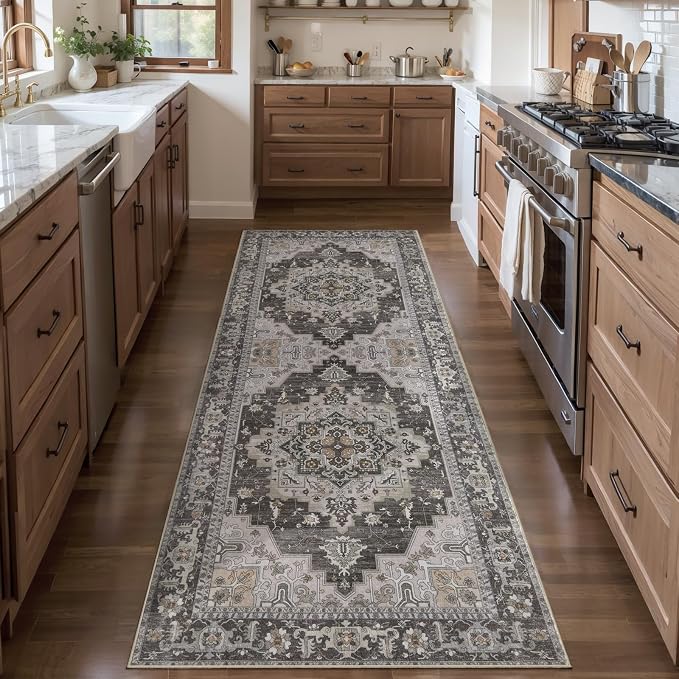Tangsoo 2x6 Washable Runner Rug for Hallways, Vintage Non Slip Rug Runners | Farmhouse Soft Low Pile Rug,Boho Print Carpet Oriental Hallway Runner for Kitchen Bedroom Entryway Bathroom Grey Taupe Decor